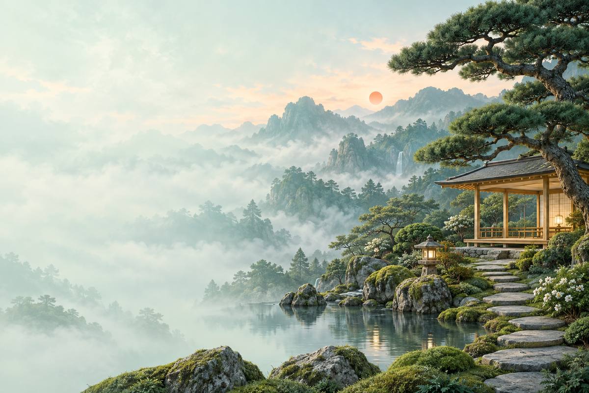 Original Go Garden artwork: a misty mountain garden with a wooden Go board, black and white stones, and soft morning light — Go, the board game also called Baduk and Weiqi