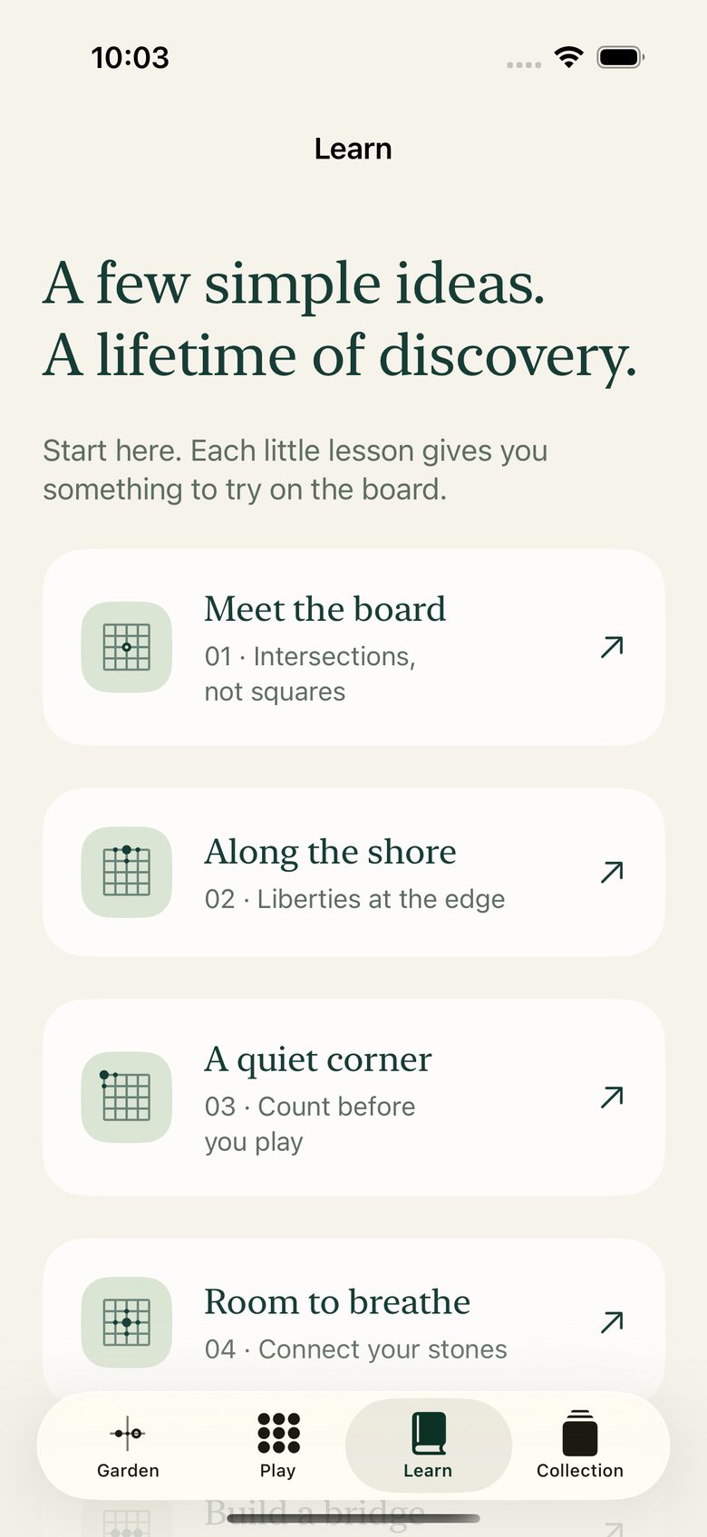 Go Garden Learn screen listing lessons: Meet the board, Along the shore, A quiet corner, and Room to breathe